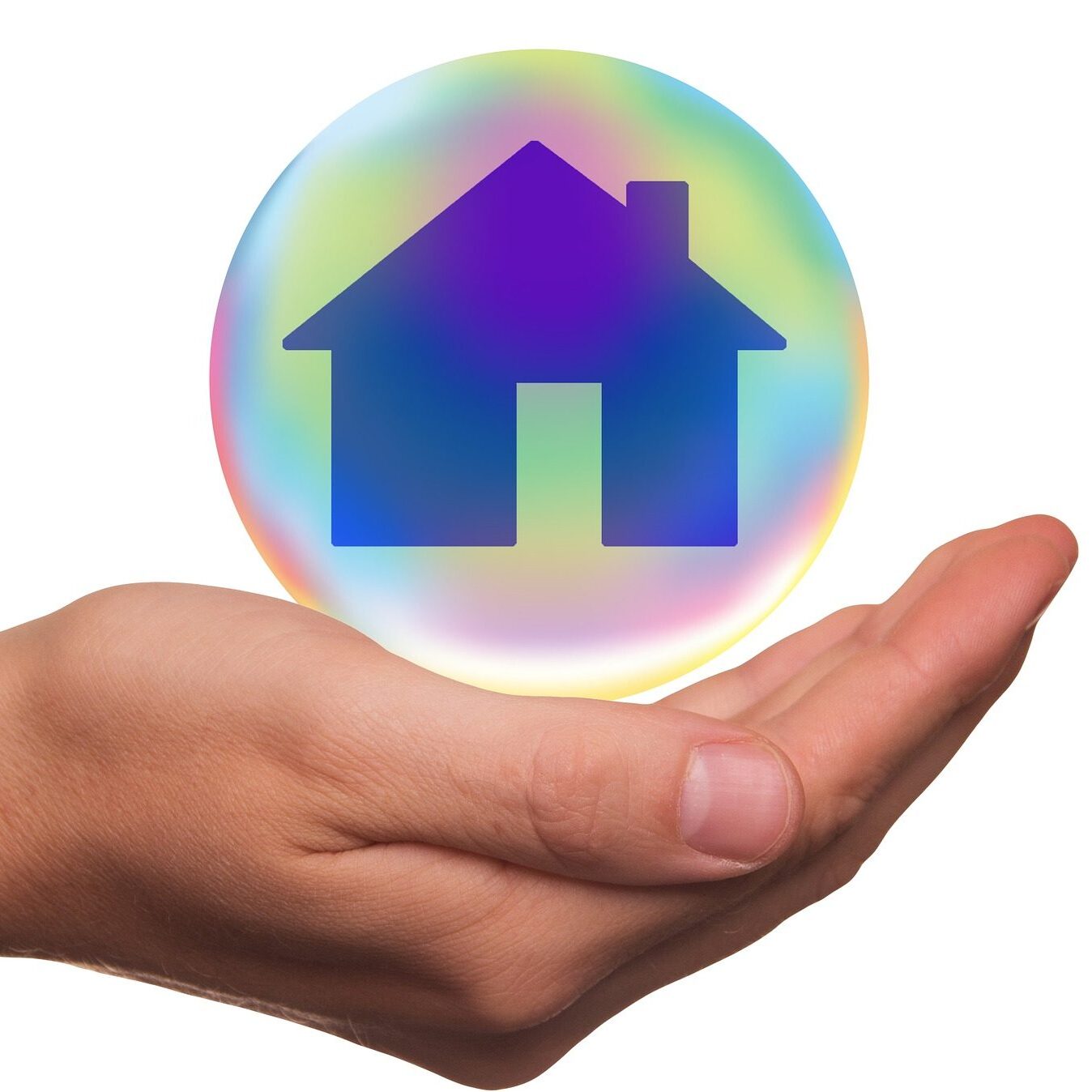hand cupped holding bubble graphic of home